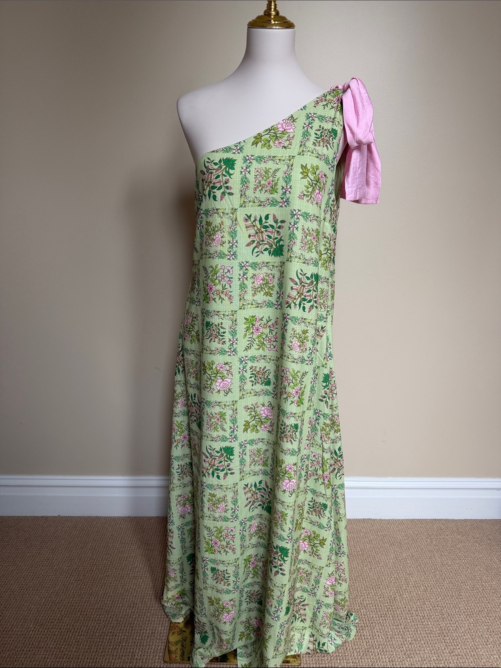 FORE Green Pink Floral One Shoulder Maxi Dress Bow Size L